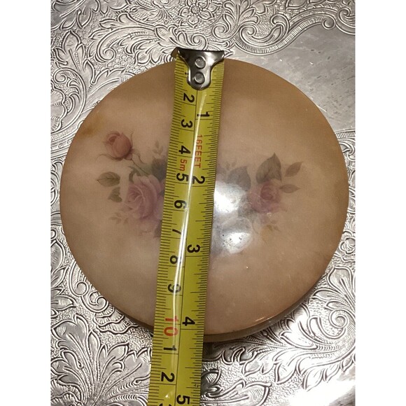 Italian Genuine Alabaster Hand Carved Hinged Powder Box With Puff Trinket Box - Picture 12 of 13